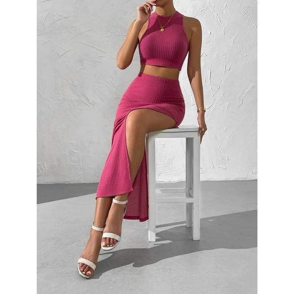 2 piece skirt set: Waffle Knit Crop Top & Split Thigh maxi Skirt - Picture 11 of 11